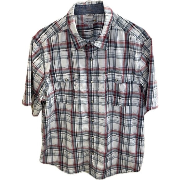Vintage Carhartt Plaid Pearl Snap Shirt Mens XL Relaxed Short Sleeve White Red - Picture 1 of 8